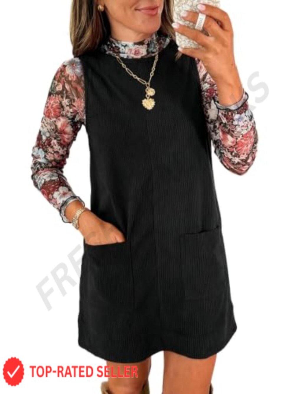 Corduroy Overall Dress Sleeveless Pinafore Mini A-Line Pockets